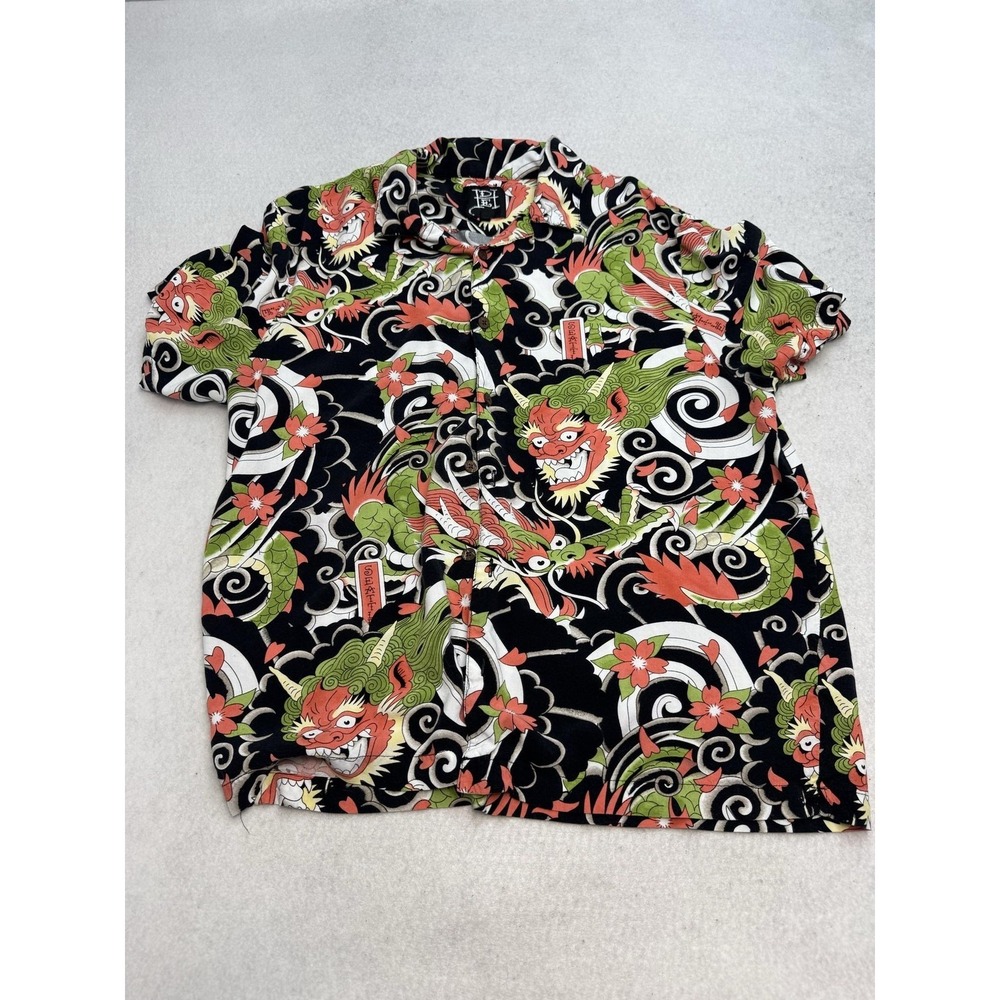Ed Hardy Shirt Mens Large Black Multi Dragon Graphic Hawaiian Short Sleeve